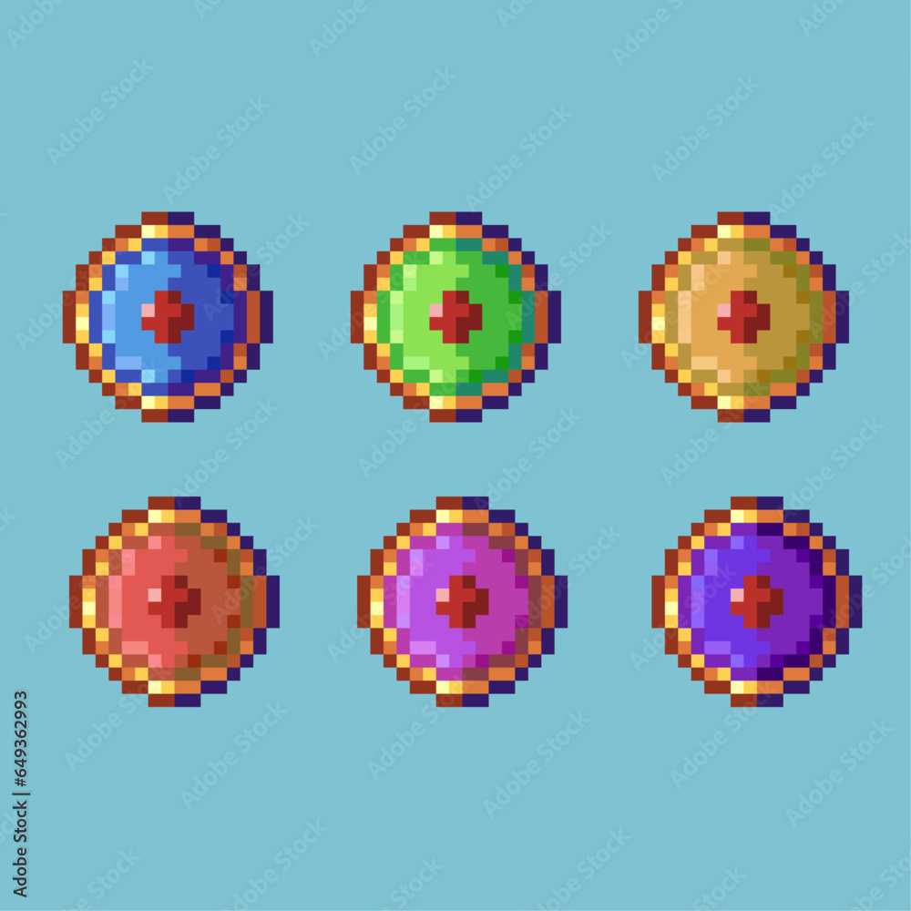 Poster pixel art sets of shield for defense with variation color item asset. simple bits of shield rpg game