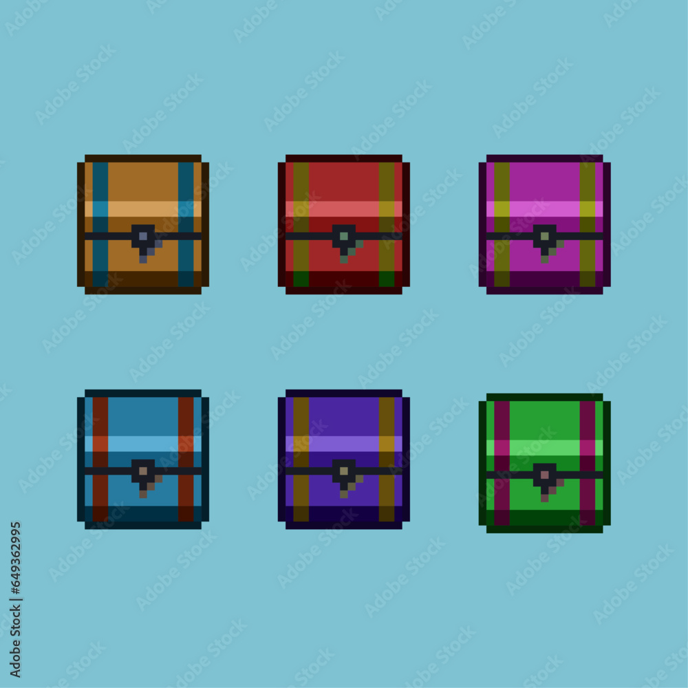 Fototapete pixel art sets of chest coin with variation color item asset. simple bits of inventory chest rpg gam