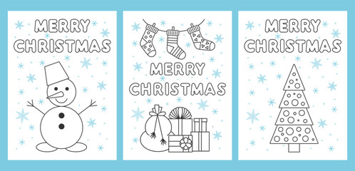 Obraz premium Collection of Merry Christmas and New Year greeting cards, poster, holiday cover. Christmas design with beautiful snowflakes in line art style. Gift boxes, Christmas socks, snowman, Christmas tree.
