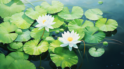 Beautiful white waterlily in the lake, Water drops still remain on the leaves.