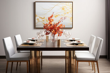 Autumn table setting. A sleek dining table adorned with colorful leaves, candles. Minimalist white and gold decor. Generative AI