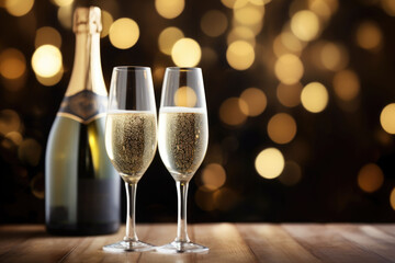 Opened champagne bottle and two champagne glasses with bokeh background. AI generated