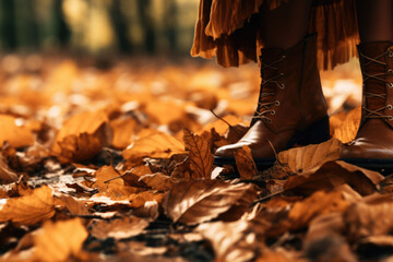 Autumn shoes in the fall foliage. Leaf fall. Autumn walks through fallen leaves. Generative AI