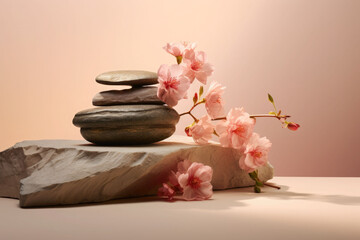 Flowers and stones. Cosmetic display stand with blossom flowers on pastel background. Generative AI
