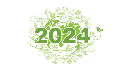 2024 New year, Eco friendly, Sustainability planning concept with globe and World environmental green doodle icons drawing set on white background ,Vector illustration - obrazy, fototapety, plakaty