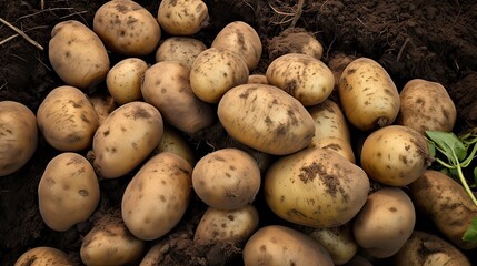 Freshly dug-up potatoes lying on the ground. Farm-to-table goodness, bountiful harvest, wholesome roots, garden-to-plate delight, organic treasures. Nature's bounty at your feet. Generated by AI.