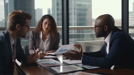 Fototapeta premium Group of three financial professional discussing numbers in a business meeting, Team of business people brainstorming solutions for a project as they work towards the success of their company.