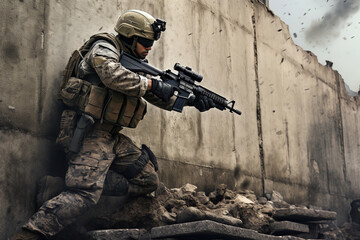 Army Ranger moving along the concrete wall on mission