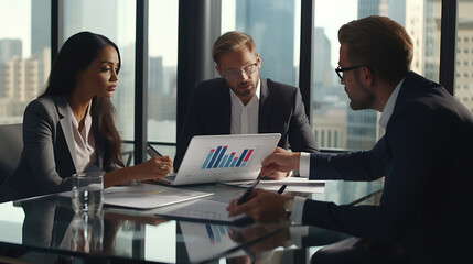 Group of three financial professional discussing numbers in a business meeting, Team of business people brainstorming solutions for a project as they work towards the success of their company.