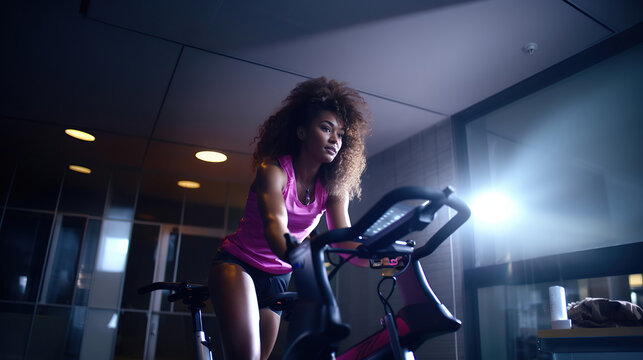 Home gym: Fit African woman cycling for exercise and wellness.
