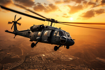 seahawk (or blackhawk) helicopter flies low against a setting sun in the middle east