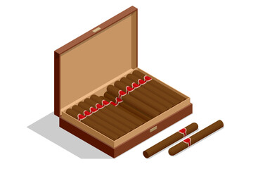 Isometric smoking cigar isolated on white background. Handcrafted Brown cigar made with real tobacco leaves.