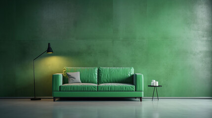 Sofa against green concrete wall. Loft style home interior design of modern living room.