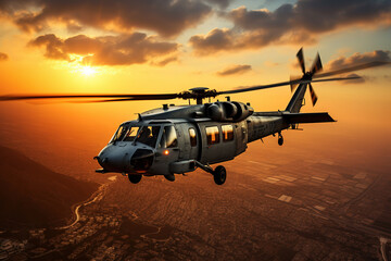 seahawk (or blackhawk) helicopter flies low against a setting sun in the middle east - obrazy, fototapety, plakaty