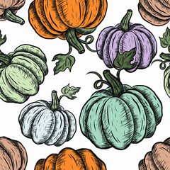 Vector Hand drawn pumpkin Seamless Pattern on white background Colorful Hand Drawn Pumpkins Texture Vintage style vegetables pattern wallpaper illustration Farm gardening cooking and halloween concept
