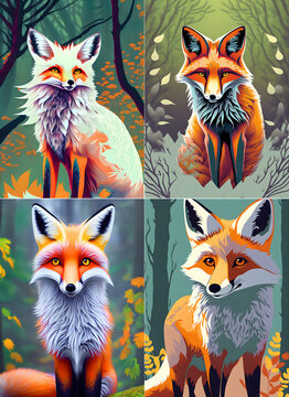 4 foxes set in forest, fox, illustration