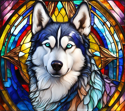 Abstract stained glass style painting with bronze frames depicting husky dog in rainbow colors