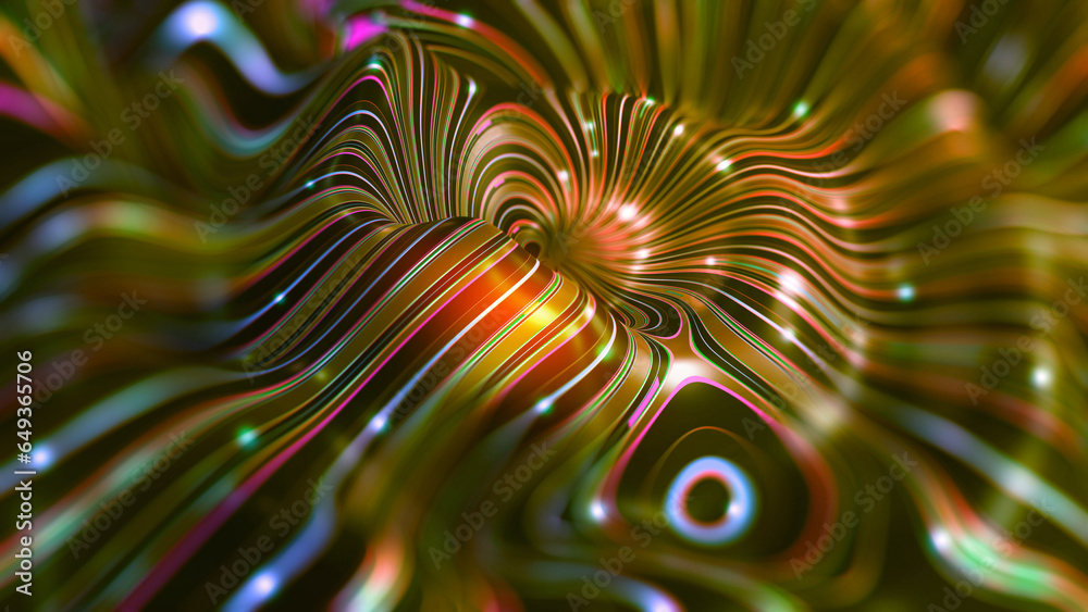 Poster Internet flow, twisted strings, uncertainty of wavy forms. Mysticism of orbits of curved space. A carnival of emotions on waves of joy. 3D illustration of abstract background
