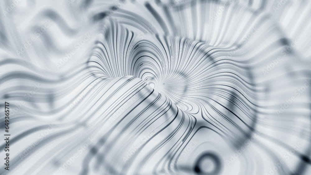 Poster String orbits of wavy space flowing in a monochrome field of abstract waves. 3D illustration of black and white background