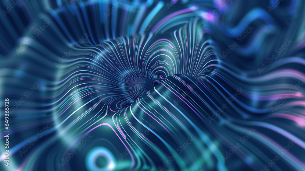 Poster Data floating in the information chaos of structured big data. Technology space strings, information flow, abstract funnel 3D illustration