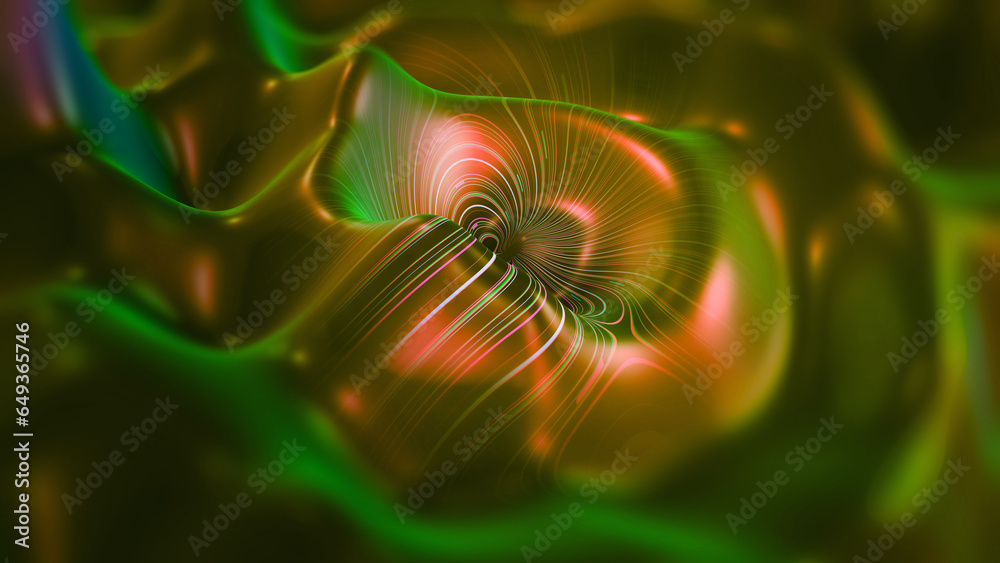Poster Fluid space, wavy flow, strings of the universe 3D illustration. Soaring Data Orbit