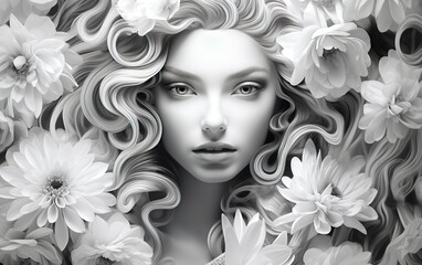 A beautiful woman is surrounded by white flowers, a surreal fashion illustration. A romantic girl dressed up in decorative flowers. Cosmetics, beauty, wellness, cosmetology industry concept