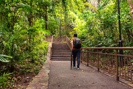 Hiker walking on a trail on Mount Faber, Singapore.