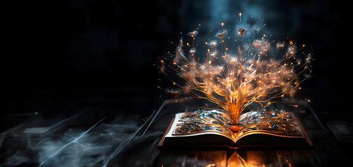 Old book with magic lights. Magic concept. AI generated - obrazy, fototapety, plakaty