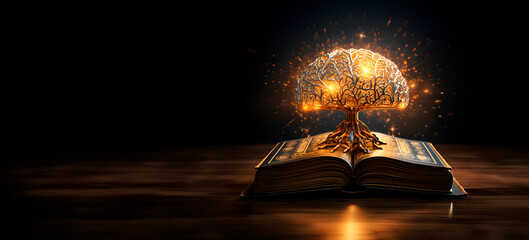 Old book with magic lights. Magic concept. AI generated