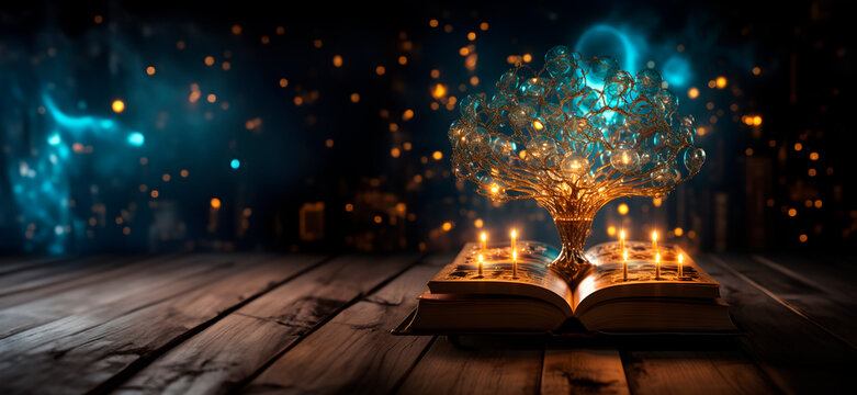 Old book with magic lights. Magic concept. AI generated