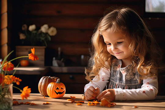 niña rubia decorando calabazas de halloween en una mesa de su casa.. concepto de halloween