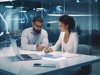 In a contemporary office setting, a man and woman are pictured having a business discussion, surrounded by advanced tech gadgets on the table.