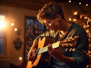 A photo capturing a man strumming an acoustic guitar in a room softly illuminated solely by fairy lights.