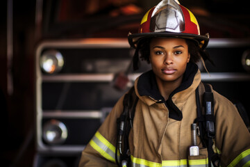 A female firefighter in uniform against the background of a fire truck.