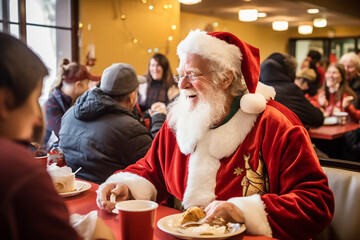 Volunteer in santa claus costume distributes food to homeless people in the dining room