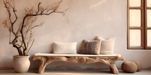 Rustic aged wood tree trunk bench with pillows near stucco wall with dried twig decor. Boho interior design of modern living room with window in farmhouse