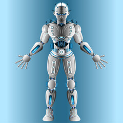 Front view of full body robot standing with arms and hands spread.