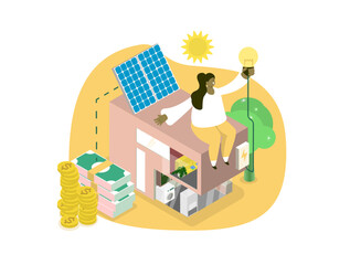 Solar panel house money saving electricity concept. Flat isometric 3d illustration.