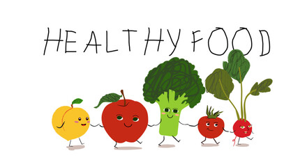 Healthy food. Food for Vegetarians. Vegetables and fruits. Children's illustration of fruits and vegetables