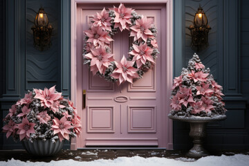 Christmas door with Christmas festive Pink poinsettia flowers wreath 