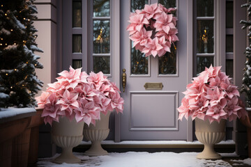 Christmas door with Christmas festive Pink poinsettias  wreath on grey door  - obrazy, fototapety, plakaty