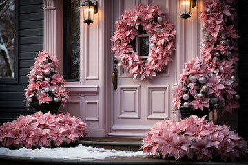 Christmas door with Christmas festive Pink poinsettia wreath. 