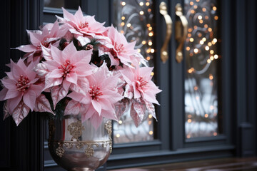 Christmas festive Pink poinsettias  flowers bouquet near door