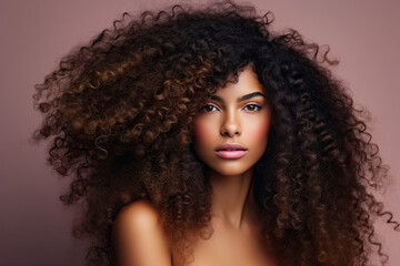 Woman with brown  natural afro-textured curly hair. Healthy hair. 