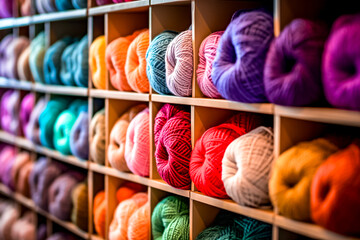 Pelotes de laine sur les rayons d'un magasin de laine - obrazy, fototapety, plakaty