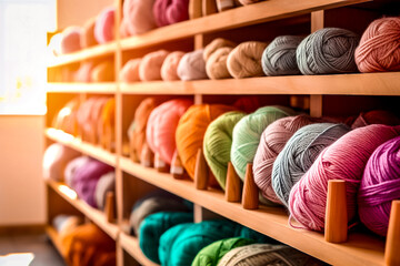 Pelotes de laine sur les rayons d'un magasin de laine - obrazy, fototapety, plakaty