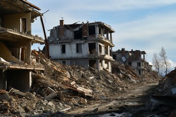Earthquake aftermath Buildings and houses reduced to rubble and ruins
