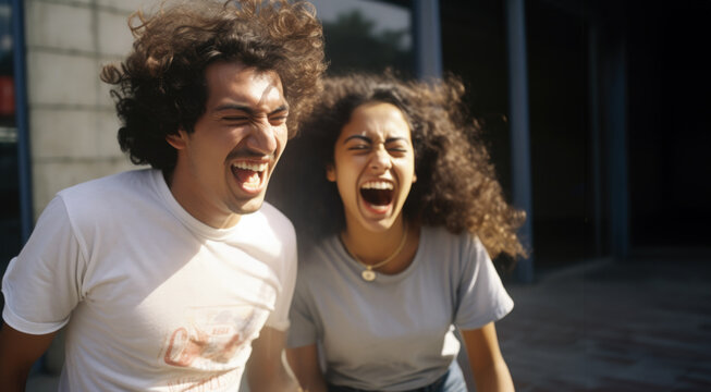 Happy Hispanic couple laughing while walking outdoor street background.