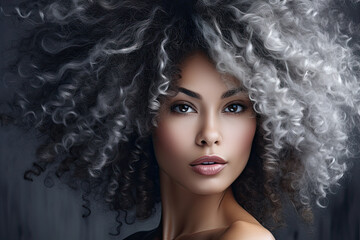 Woman with grey natural afro-textured curly hair. Healthy hair. 