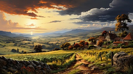 Vineyards of France and Italy in an idyllic landscape at sunset - obrazy, fototapety, plakaty
